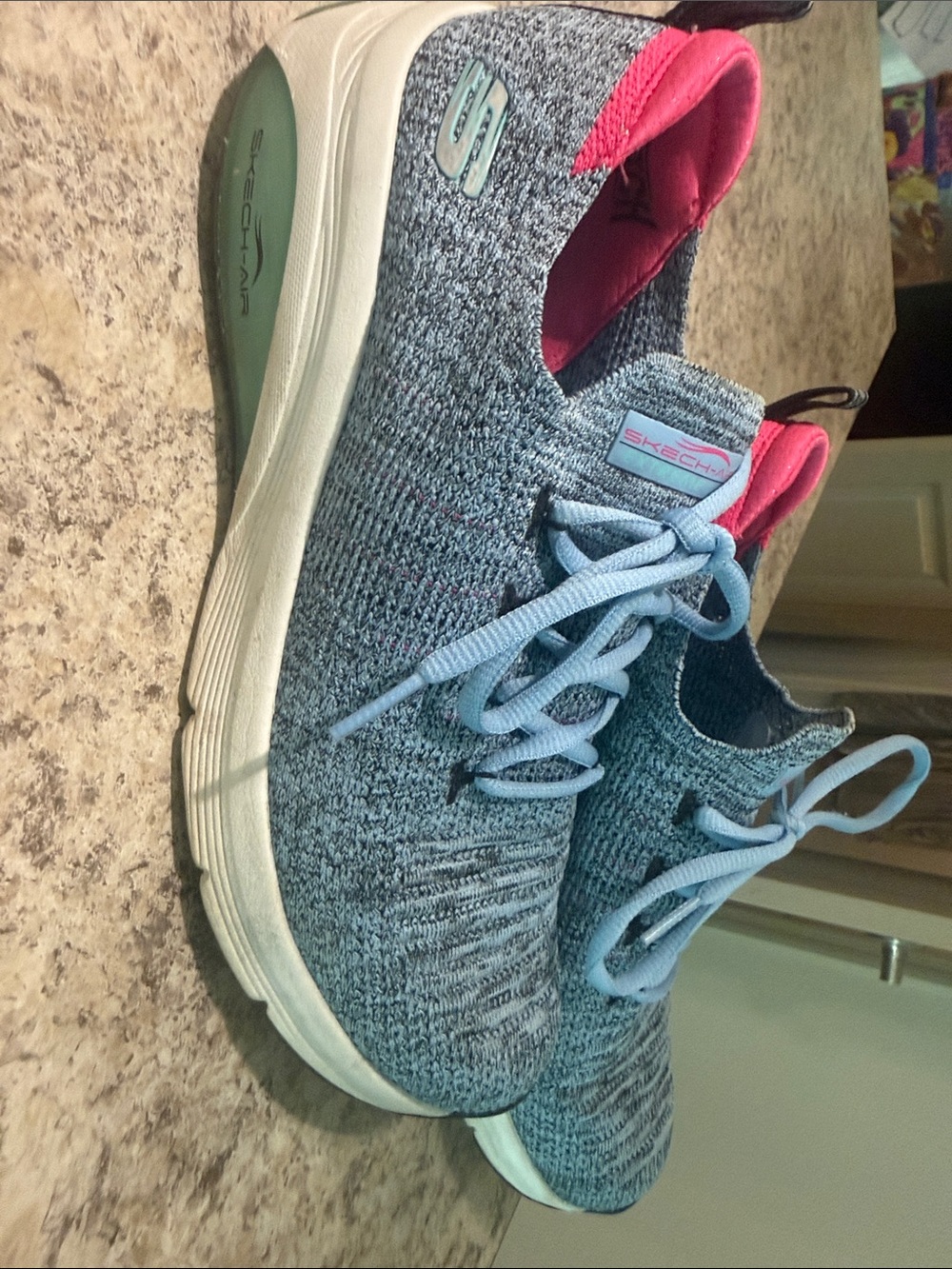 Skechers Gray-Blue Knit Slip-On Lace Sneakers with Pink Lining